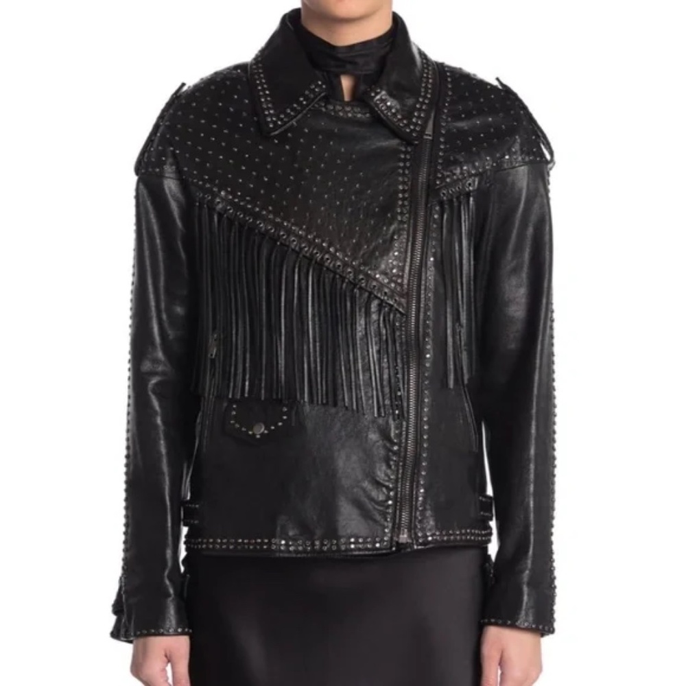 Valentino Studded Fringe Leather Biker Jacket - Picture 4 of 12